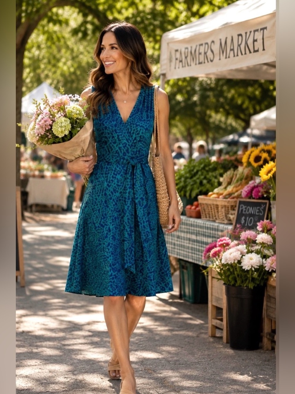41 Hawthorn Emerald Teal Faux Wrap Midi Dress M Sleeveless Career Wedding